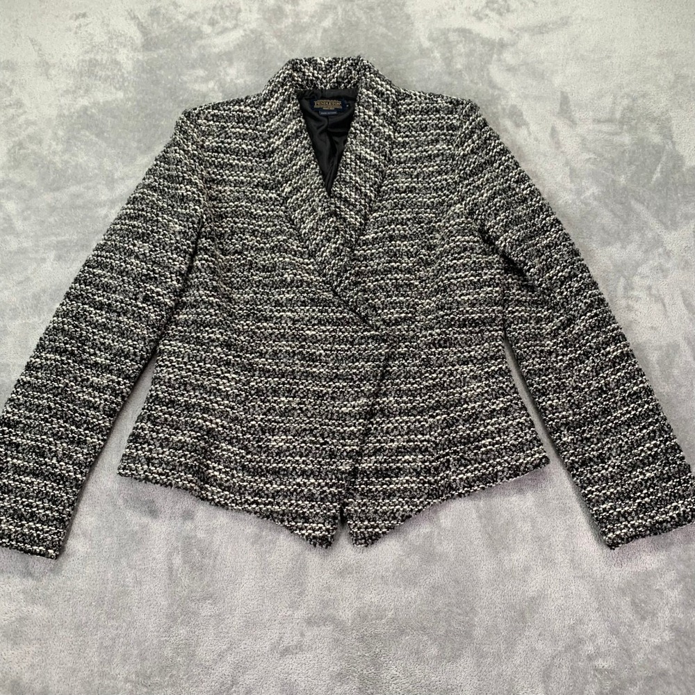 Pendleton Textured Tweed Blazer Womens Size 8 Black White Cropped Jacket